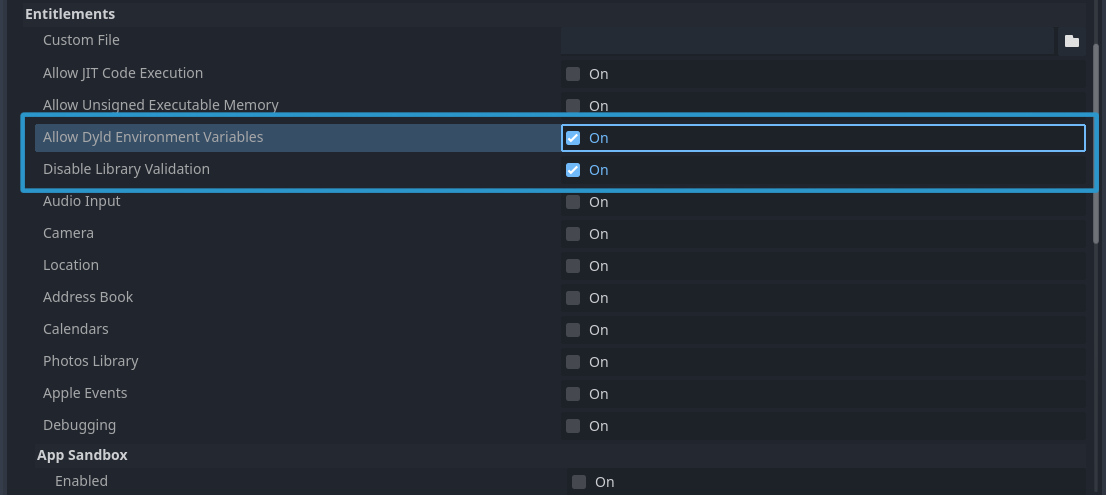 Disable Validation / Allow Dyld Environment Variables