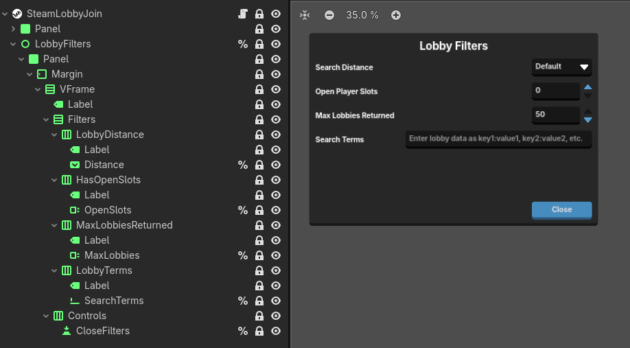 GodotSteamKit - Lobby_join.tscn filters panel